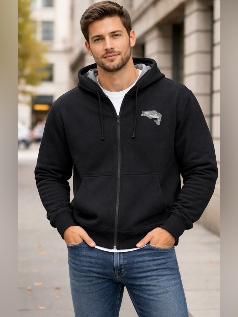 The Bradford Exchange Black Zip-Up Hooded Sweatshirt with Fish Embroidery